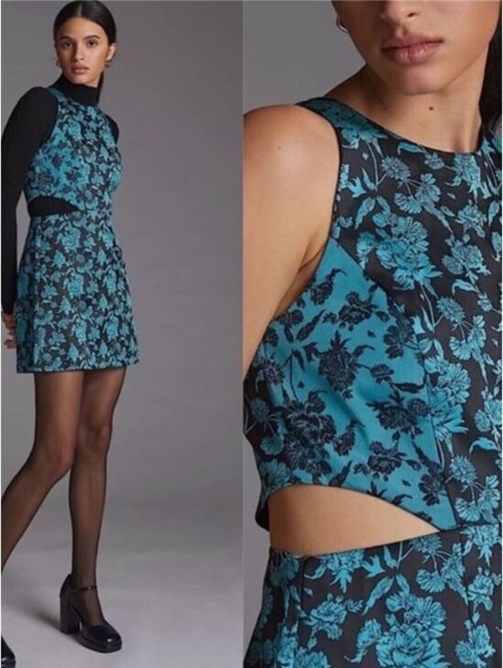 Hutch Black Teal Jacquard Cutout Dress Sz 6 Floral Cocktail Mini Anthropologie